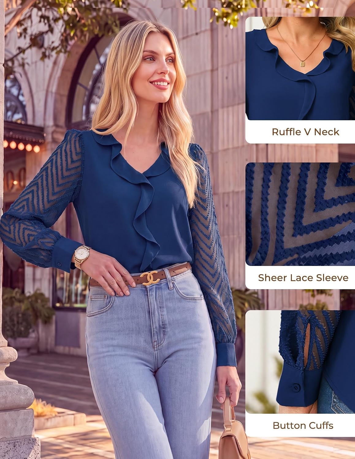 image:imageGRACE KARIN Womens Business Casual Tops Sheer Lace Long Sleeve Blouses Work Office Outfits Formal Dressy Shirt Ruffle V NeckBlue