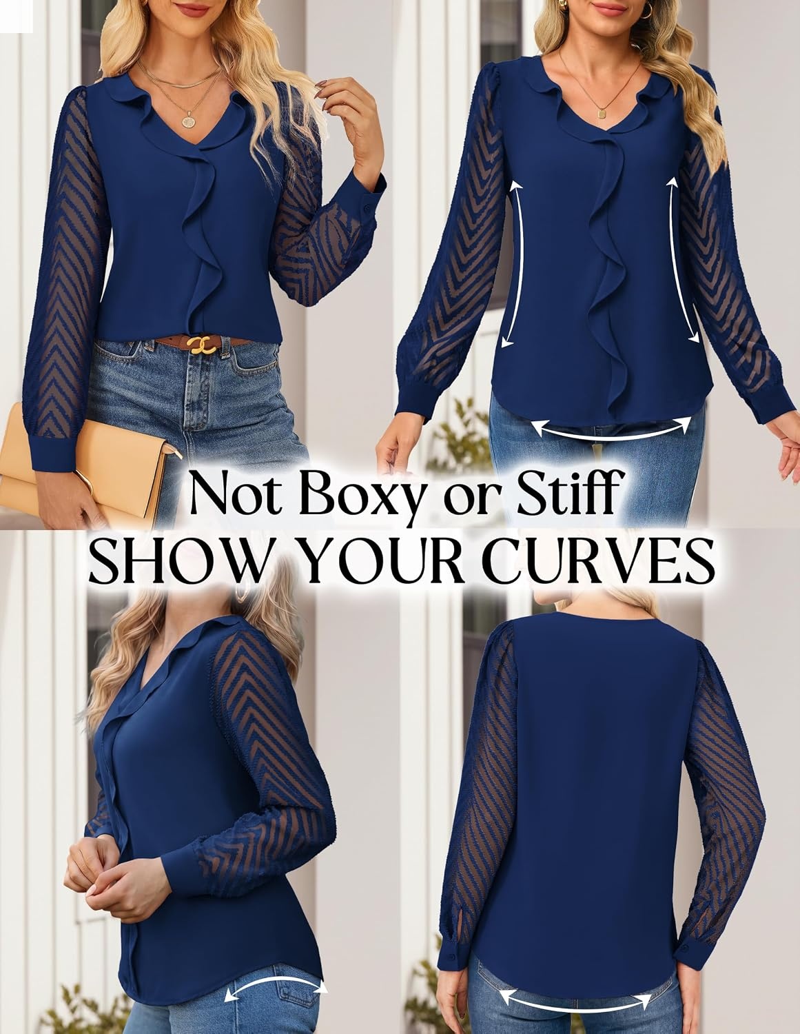 image:imageGRACE KARIN Womens Business Casual Tops Sheer Lace Long Sleeve Blouses Work Office Outfits Formal Dressy Shirt Ruffle V NeckBlue