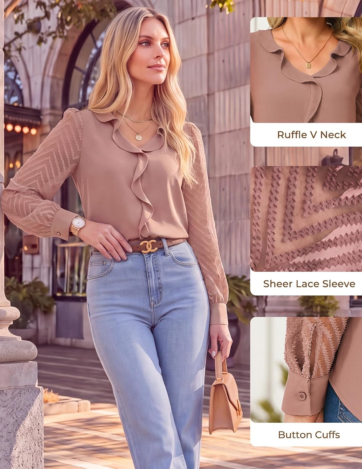 image:imageGRACE KARIN Womens Business Casual Tops Sheer Lace Long Sleeve Blouses Work Office Outfits Formal Dressy Shirt Ruffle V NeckDusty Pink