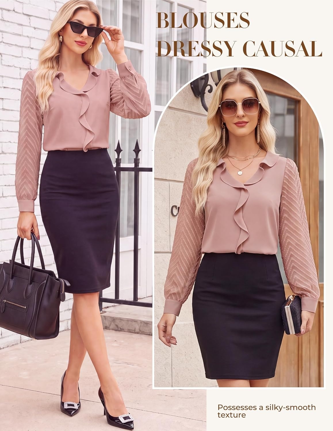 image:imageGRACE KARIN Womens Business Casual Tops Sheer Lace Long Sleeve Blouses Work Office Outfits Formal Dressy Shirt Ruffle V NeckDusty Pink