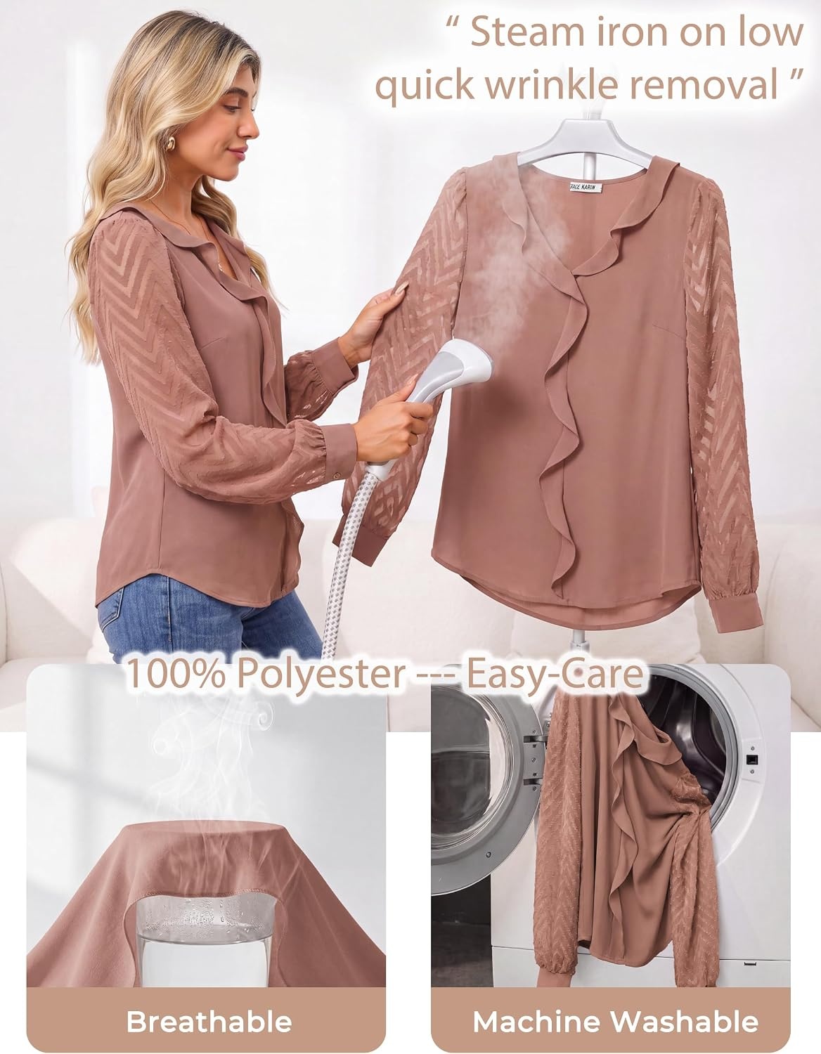 image:imageGRACE KARIN Womens Business Casual Tops Sheer Lace Long Sleeve Blouses Work Office Outfits Formal Dressy Shirt Ruffle V NeckDusty Pink