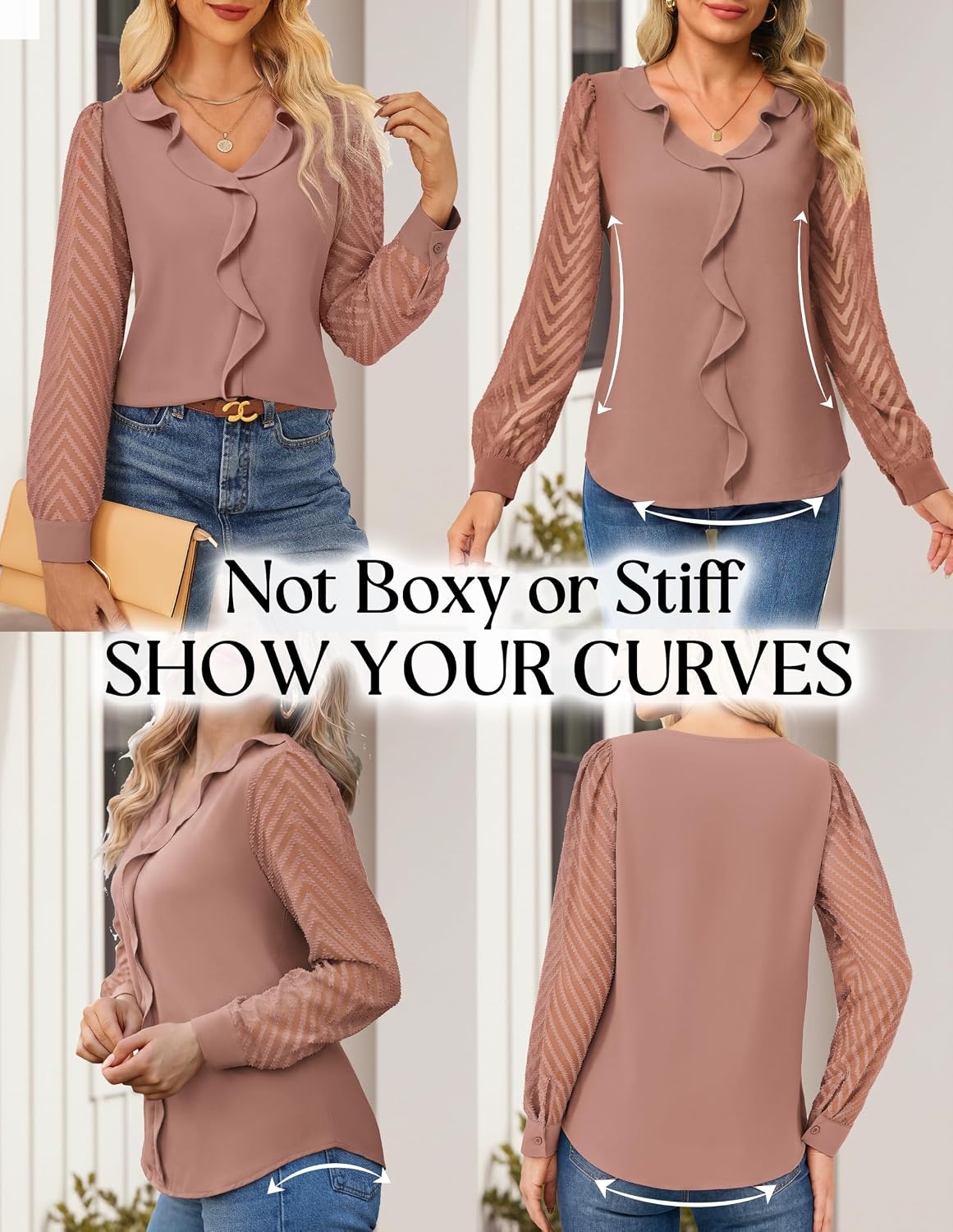 image:imageGRACE KARIN Womens Business Casual Tops Sheer Lace Long Sleeve Blouses Work Office Outfits Formal Dressy Shirt Ruffle V NeckDusty Pink