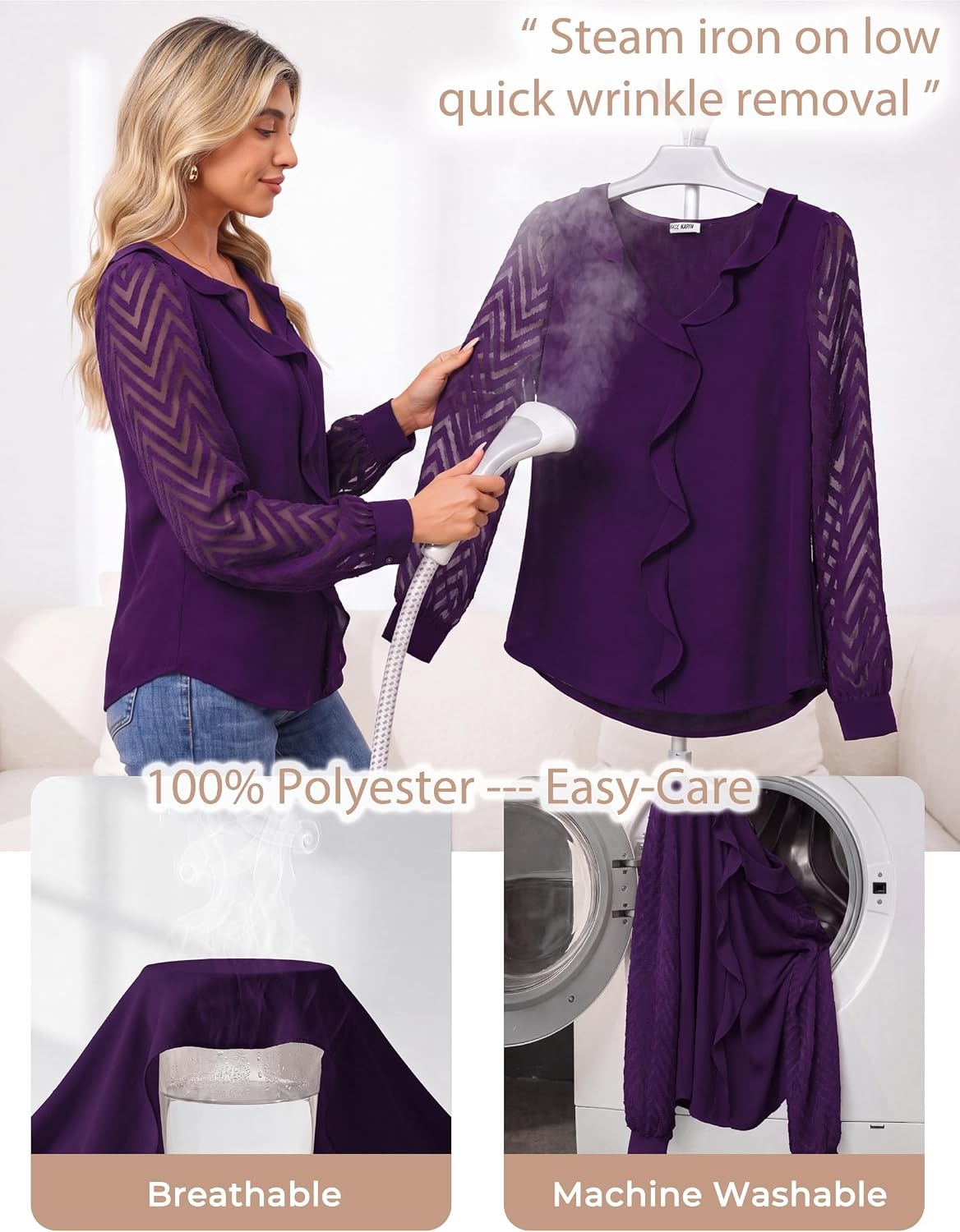 image:imageGRACE KARIN Womens Business Casual Tops Sheer Lace Long Sleeve Blouses Work Office Outfits Formal Dressy Shirt Ruffle V NeckPurple
