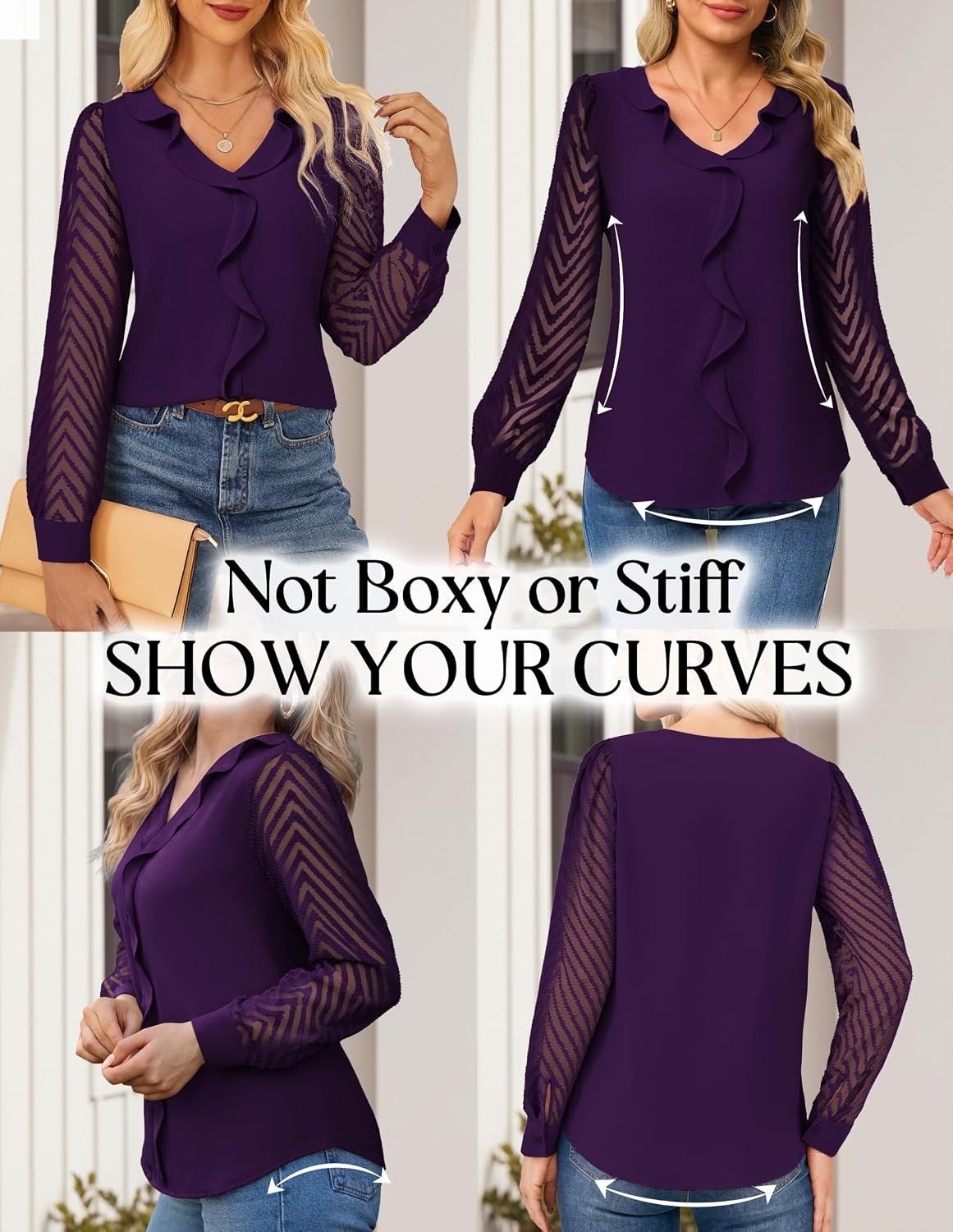 image:imageGRACE KARIN Womens Business Casual Tops Sheer Lace Long Sleeve Blouses Work Office Outfits Formal Dressy Shirt Ruffle V NeckPurple