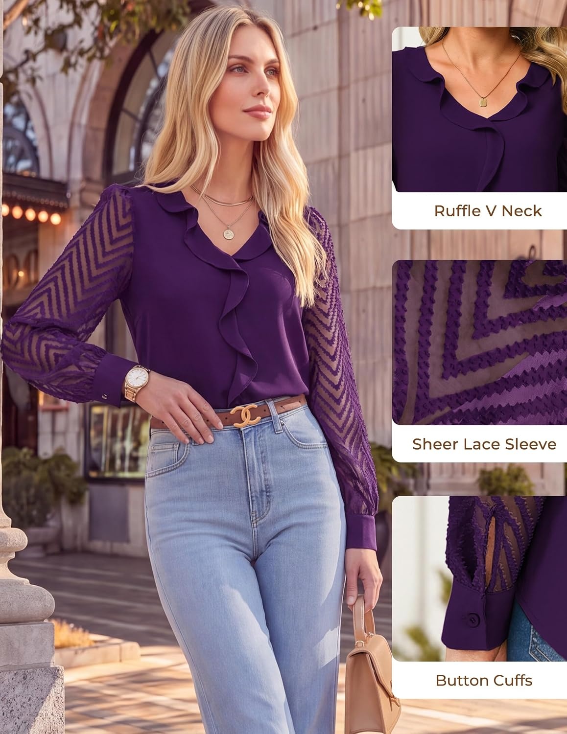 image:imageGRACE KARIN Womens Business Casual Tops Sheer Lace Long Sleeve Blouses Work Office Outfits Formal Dressy Shirt Ruffle V NeckPurple