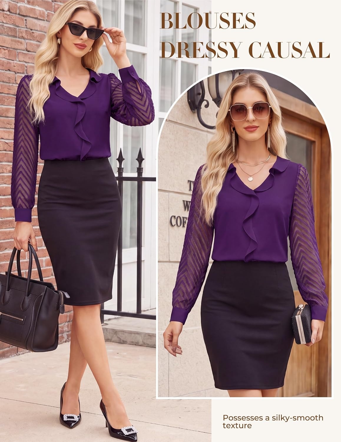 image:imageGRACE KARIN Womens Business Casual Tops Sheer Lace Long Sleeve Blouses Work Office Outfits Formal Dressy Shirt Ruffle V NeckPurple
