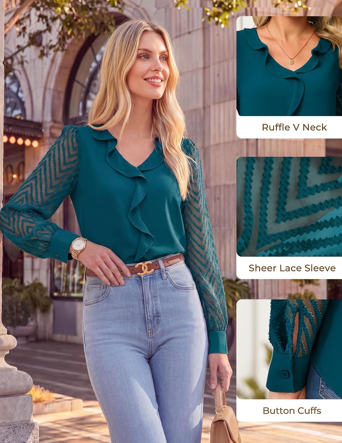 image:imageGRACE KARIN Womens Business Casual Tops Sheer Lace Long Sleeve Blouses Work Office Outfits Formal Dressy Shirt Ruffle V NeckTurquoise