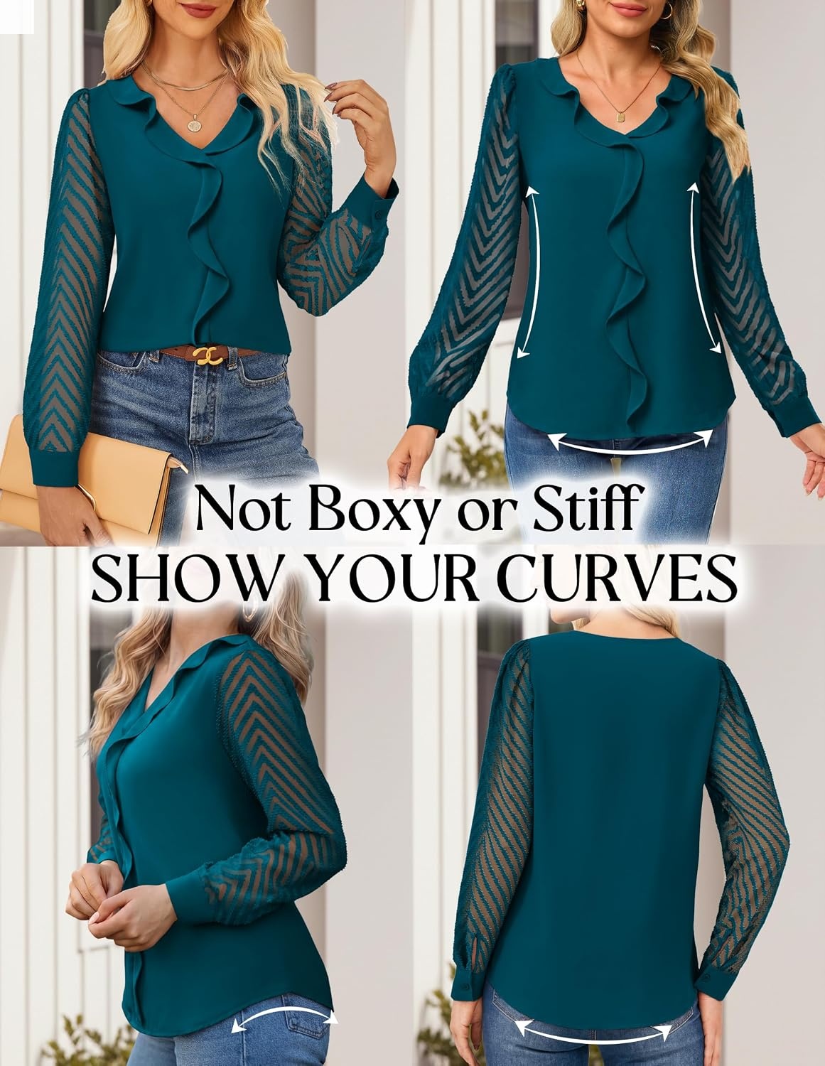 image:imageGRACE KARIN Womens Business Casual Tops Sheer Lace Long Sleeve Blouses Work Office Outfits Formal Dressy Shirt Ruffle V NeckTurquoise