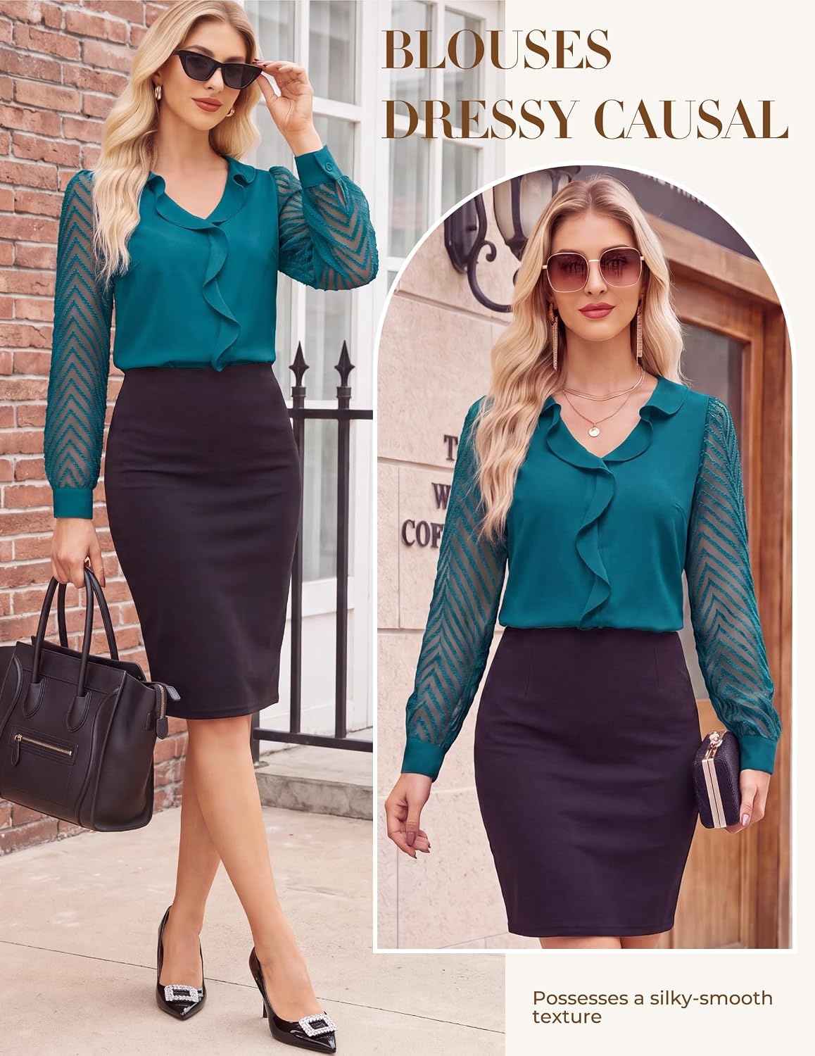 image:imageGRACE KARIN Womens Business Casual Tops Sheer Lace Long Sleeve Blouses Work Office Outfits Formal Dressy Shirt Ruffle V NeckTurquoise
