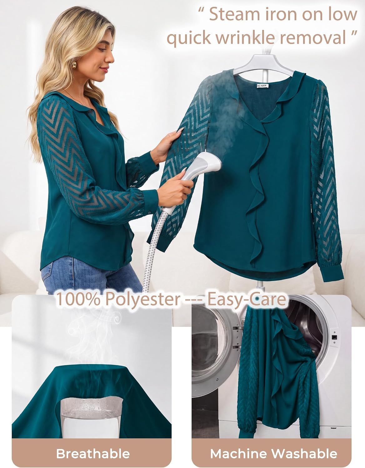 image:imageGRACE KARIN Womens Business Casual Tops Sheer Lace Long Sleeve Blouses Work Office Outfits Formal Dressy Shirt Ruffle V NeckTurquoise