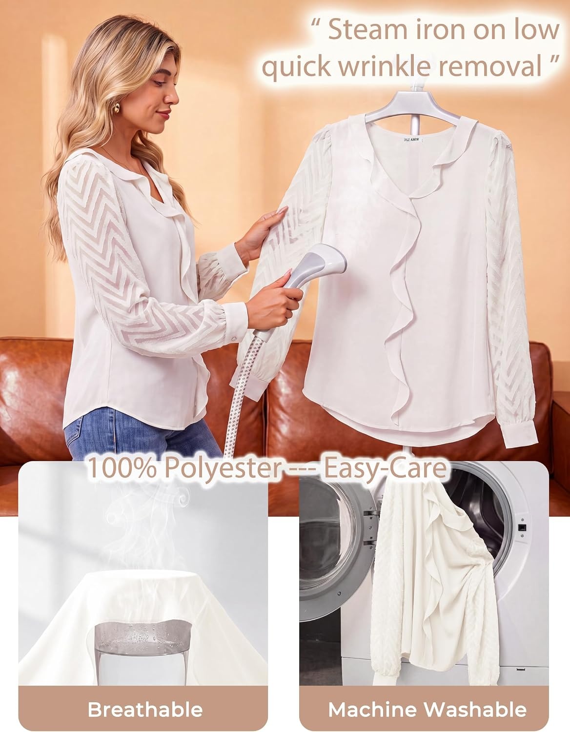 image:imageGRACE KARIN Womens Business Casual Tops Sheer Lace Long Sleeve Blouses Work Office Outfits Formal Dressy Shirt Ruffle V NeckWhite