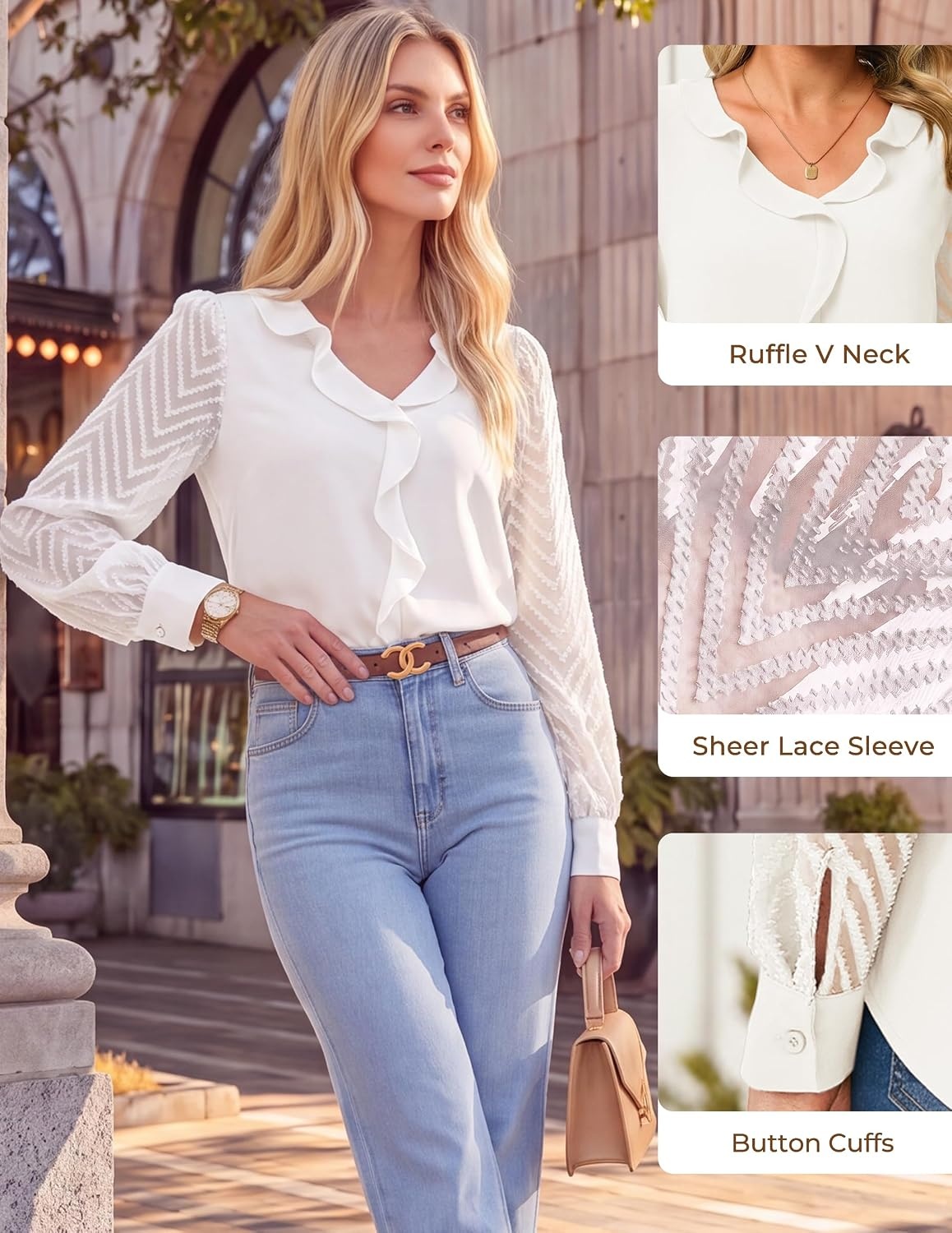 image:imageGRACE KARIN Womens Business Casual Tops Sheer Lace Long Sleeve Blouses Work Office Outfits Formal Dressy Shirt Ruffle V NeckWhite