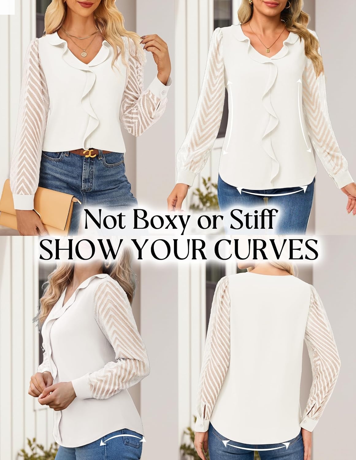 image:imageGRACE KARIN Womens Business Casual Tops Sheer Lace Long Sleeve Blouses Work Office Outfits Formal Dressy Shirt Ruffle V NeckWhite