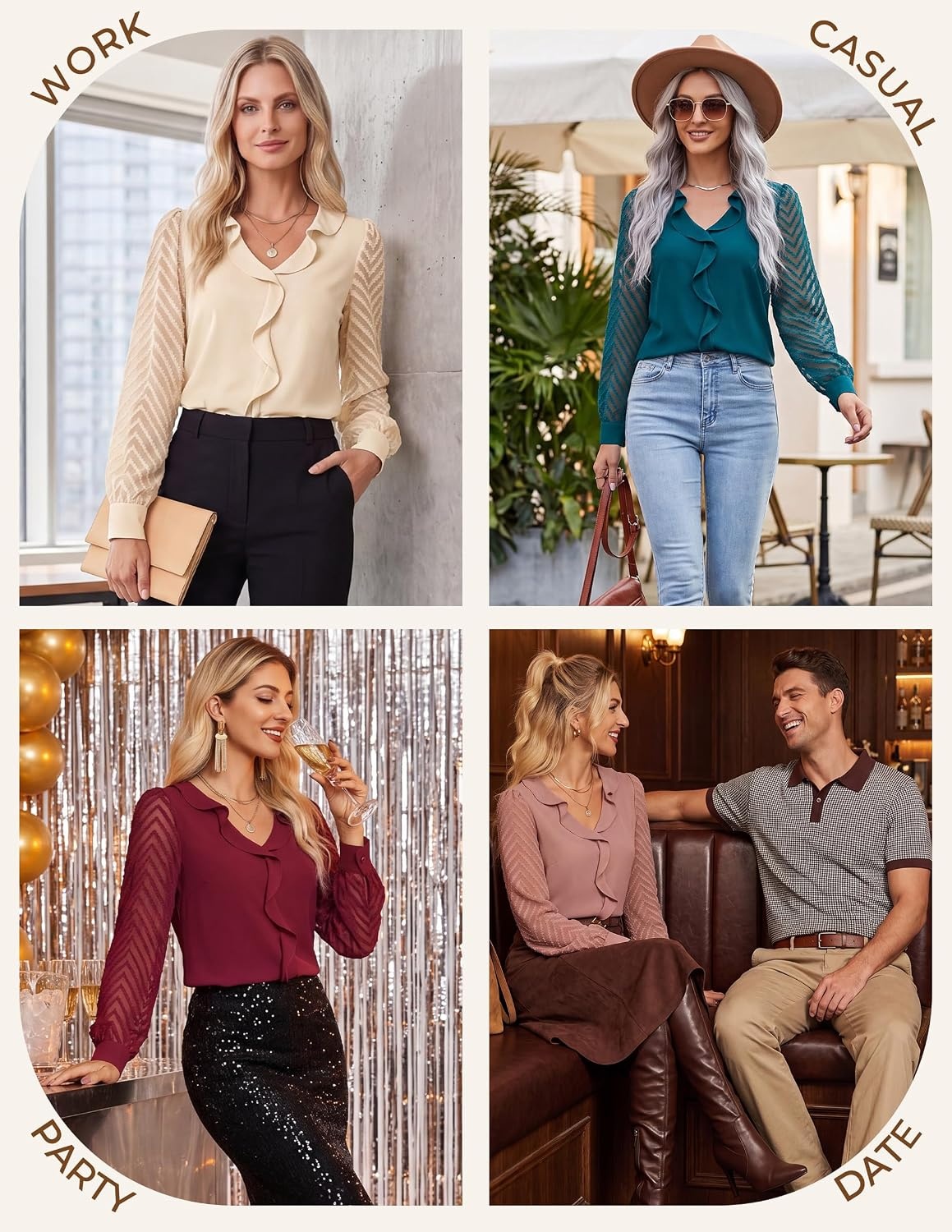 image:imageGRACE KARIN Womens Business Casual Tops Sheer Lace Long Sleeve Blouses Work Office Outfits Formal Dressy Shirt Ruffle V NeckWine Red