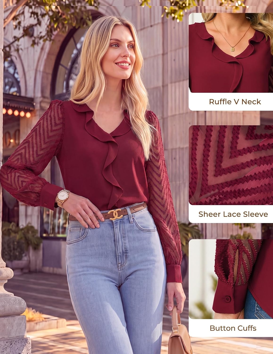 image:imageGRACE KARIN Womens Business Casual Tops Sheer Lace Long Sleeve Blouses Work Office Outfits Formal Dressy Shirt Ruffle V NeckWine Red