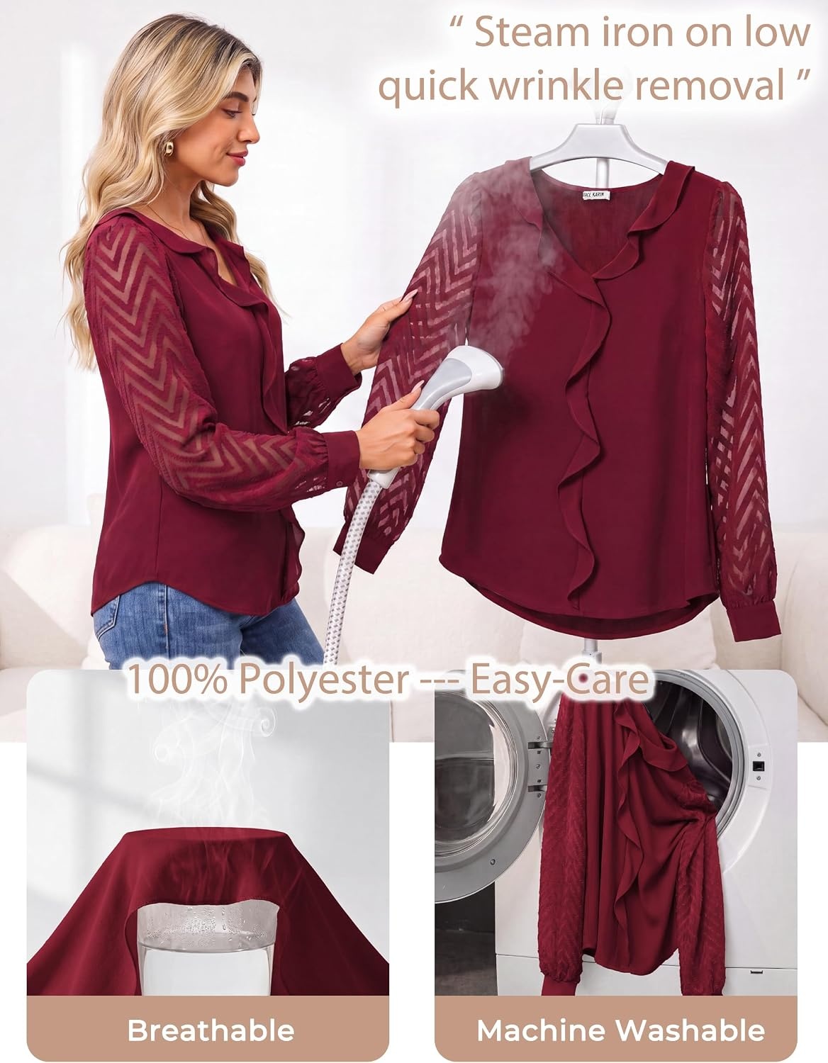 image:imageGRACE KARIN Womens Business Casual Tops Sheer Lace Long Sleeve Blouses Work Office Outfits Formal Dressy Shirt Ruffle V NeckWine Red