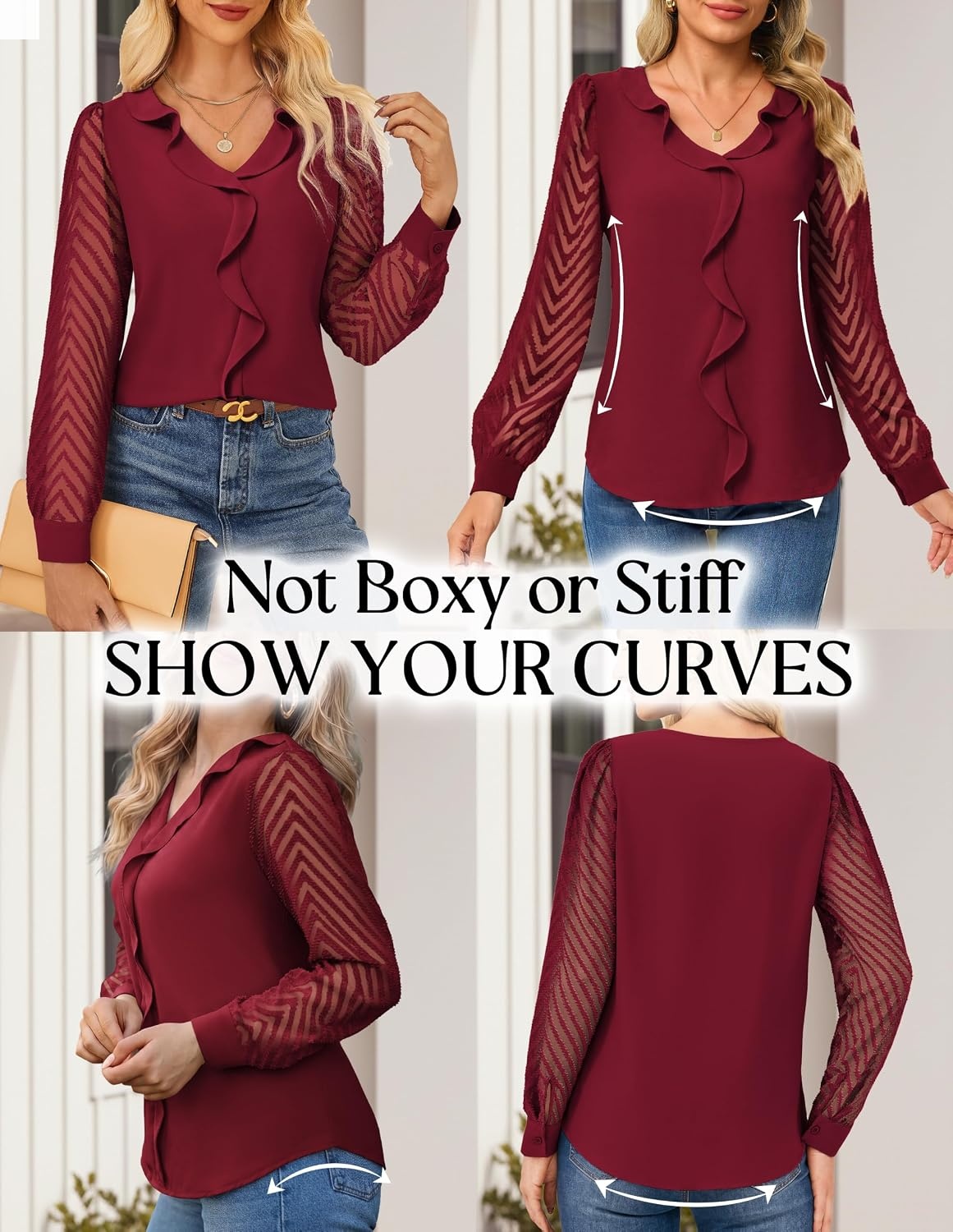 image:imageGRACE KARIN Womens Business Casual Tops Sheer Lace Long Sleeve Blouses Work Office Outfits Formal Dressy Shirt Ruffle V NeckWine Red
