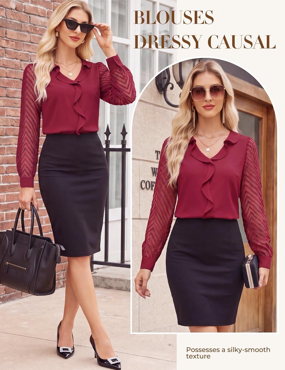 image:imageGRACE KARIN Womens Business Casual Tops Sheer Lace Long Sleeve Blouses Work Office Outfits Formal Dressy Shirt Ruffle V NeckWine Red
