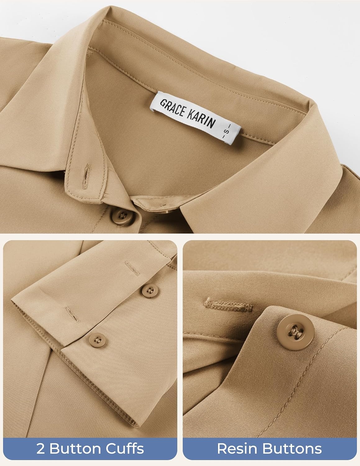 image:imageGRACE KARIN Womens Button Down Dress Shirts Long Sleeve Collared Tops 2026 Fall Fashion Clothing Business Casual Outfits Office Work TopsKhaki