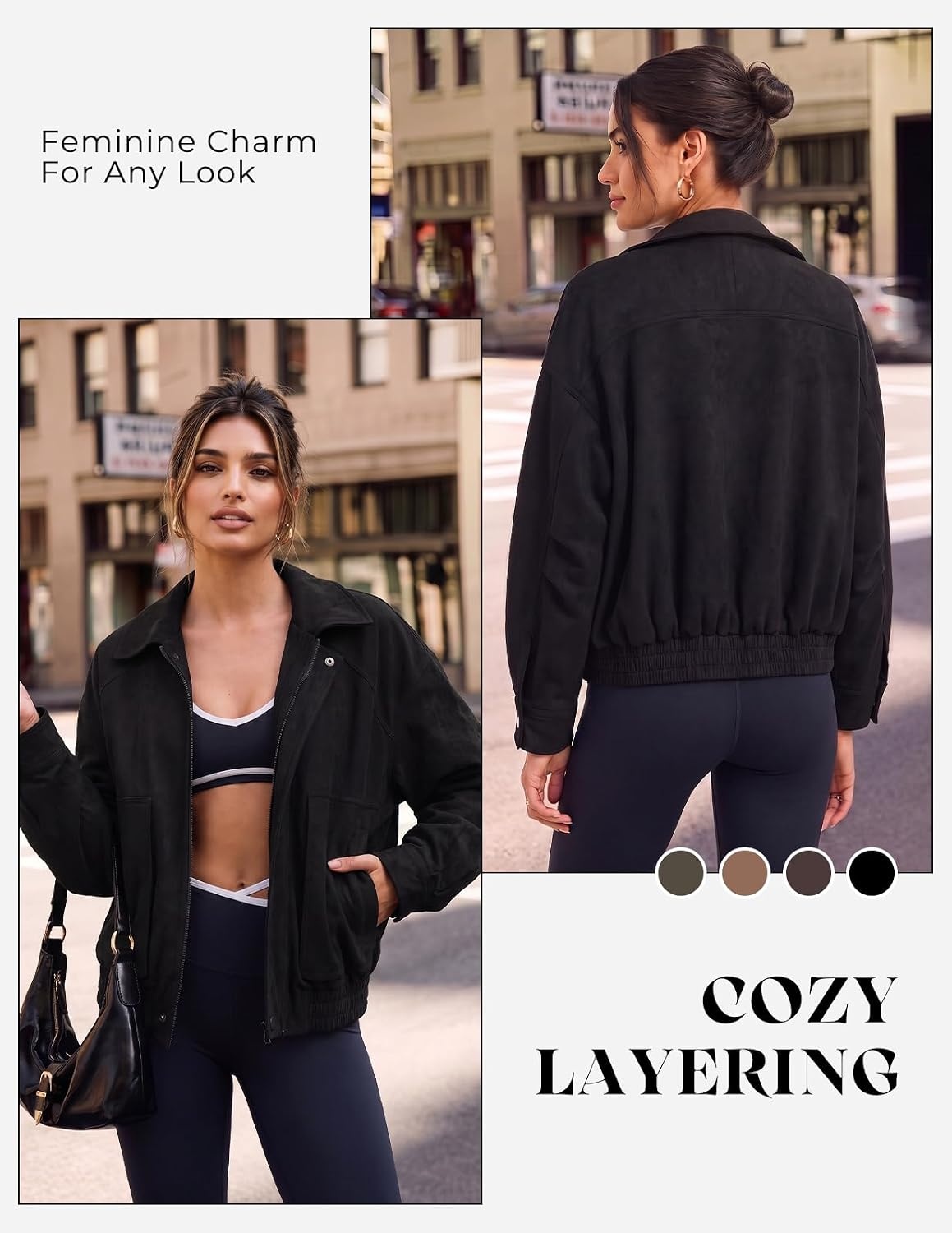 image:imageGRACE KARIN Womens Faux Suede Jacket Fall Long Sleeve Coat 2026 Fashion Casual Oversized Outwear Lightweight Lapel Motorcycle Style Clothes with ZipperBlack