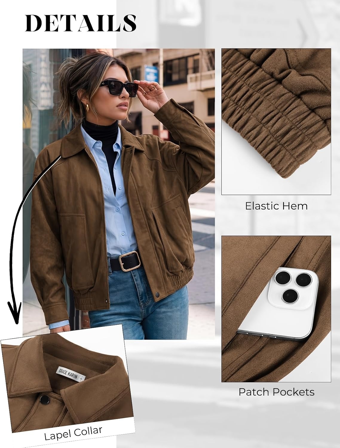image:imageGRACE KARIN Womens Faux Suede Jacket Fall Long Sleeve Coat 2026 Fashion Casual Oversized Outwear Lightweight Lapel Motorcycle Style Clothes with ZipperBrown