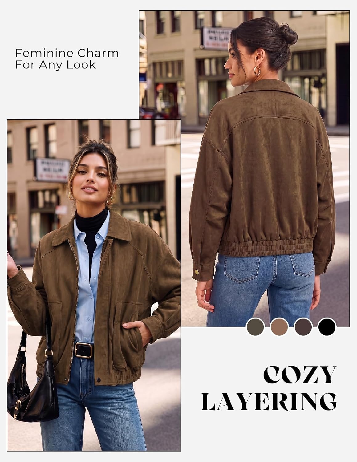 image:imageGRACE KARIN Womens Faux Suede Jacket Fall Long Sleeve Coat 2026 Fashion Casual Oversized Outwear Lightweight Lapel Motorcycle Style Clothes with ZipperBrown