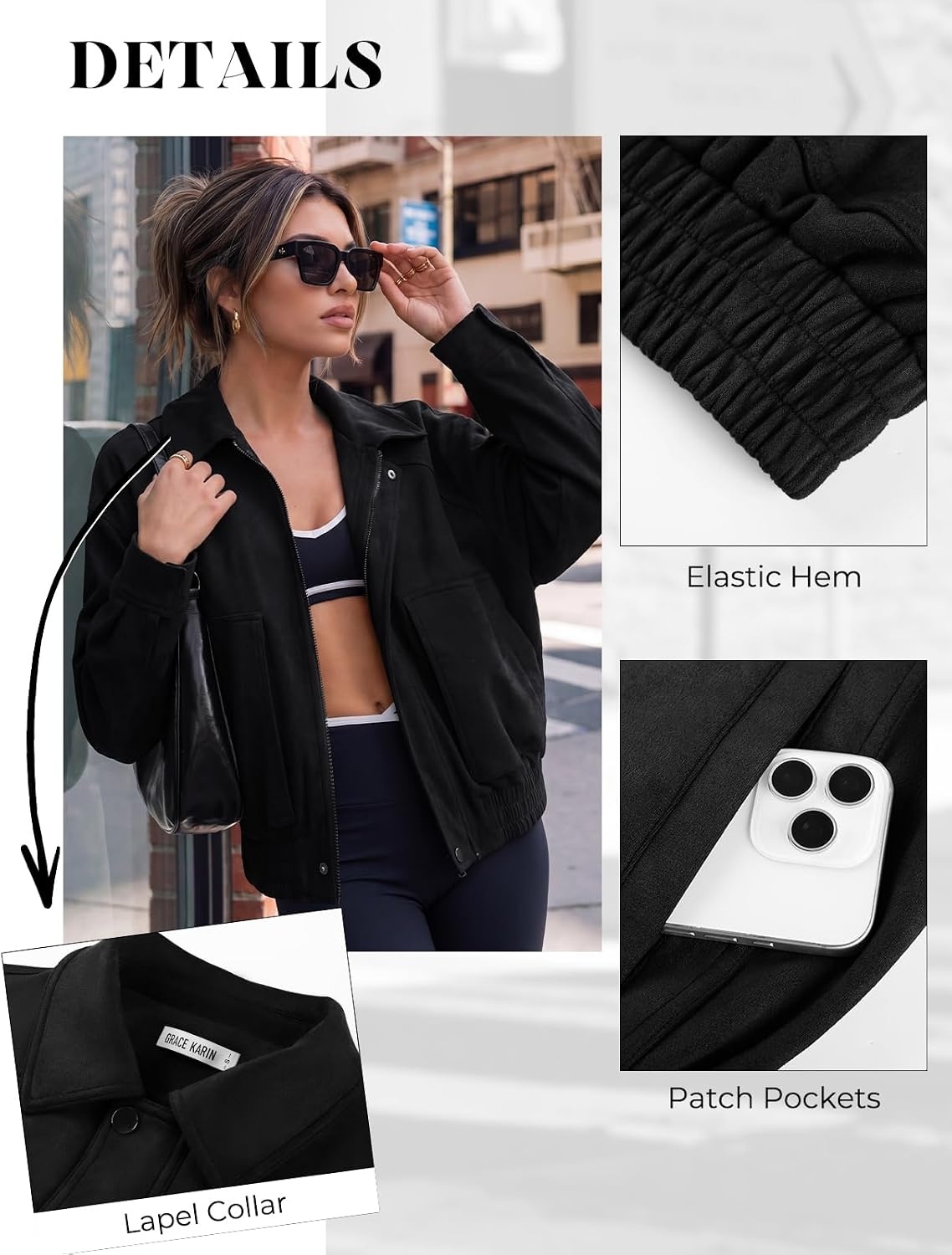 image:imageGRACE KARIN Womens Faux Suede Jacket Fall Long Sleeve Coat 2026 Fashion Casual Oversized Outwear Lightweight Lapel Motorcycle Style Clothes with ZipperBlack