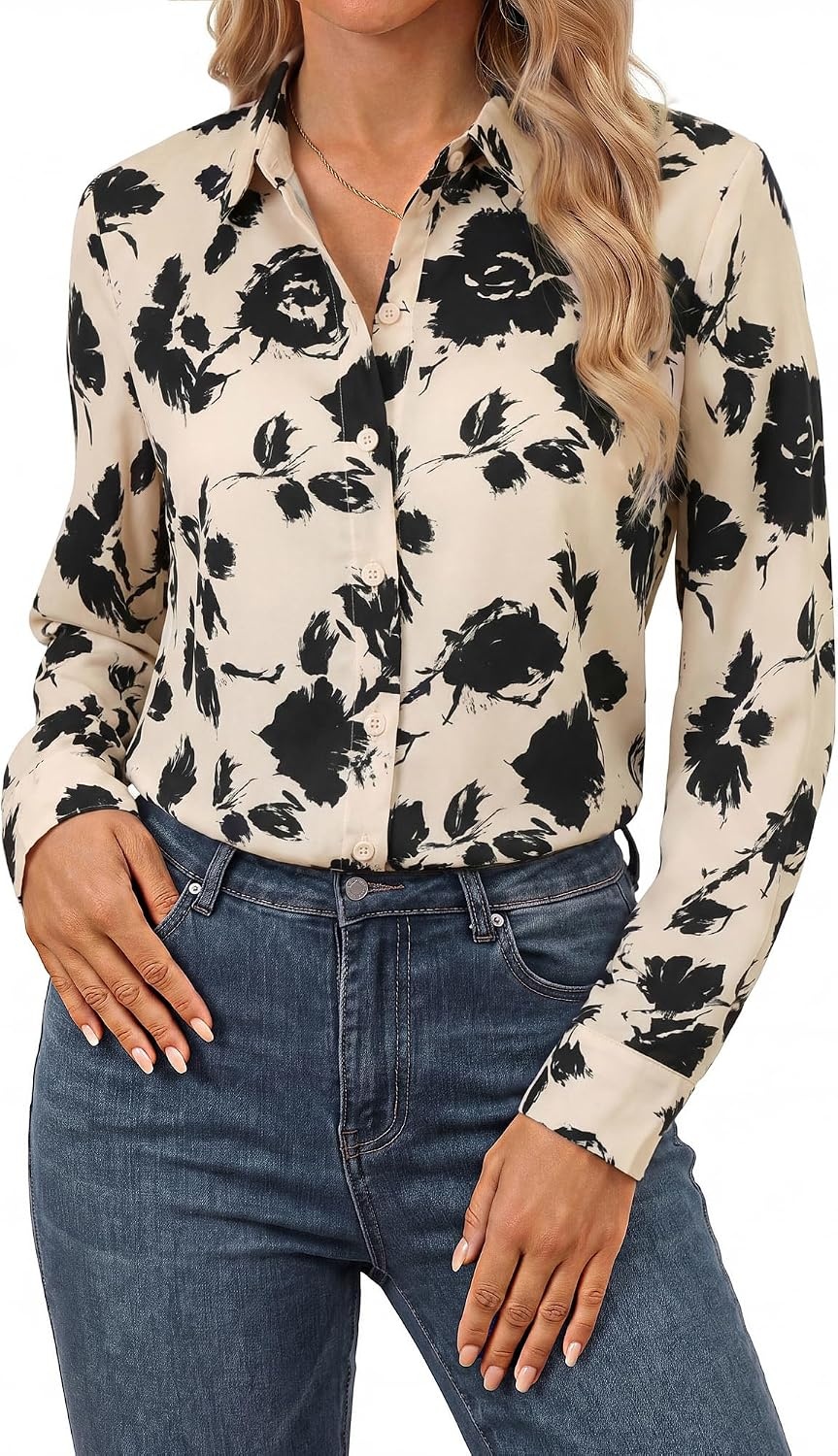 image:imageGRACE KARIN Womens Long Sleeve Silk Button Down Shirts 2026 Satin Floral Blouses Dressy CasualFall Business Work TopsApricot Black Floral