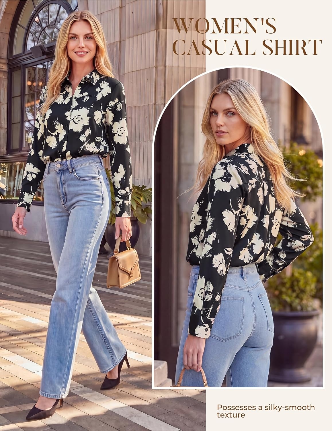 image:imageGRACE KARIN Womens Long Sleeve Silk Button Down Shirts 2026 Satin Floral Blouses Dressy CasualFall Business Work TopsApricot Floral