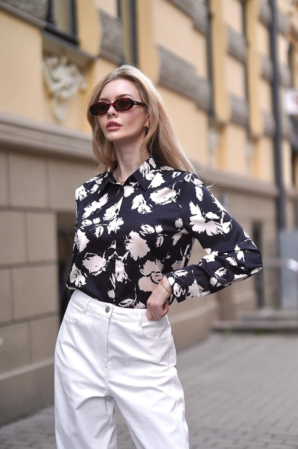 image:imageGRACE KARIN Womens Long Sleeve Silk Button Down Shirts 2026 Satin Floral Blouses Dressy CasualFall Business Work TopsApricot Floral