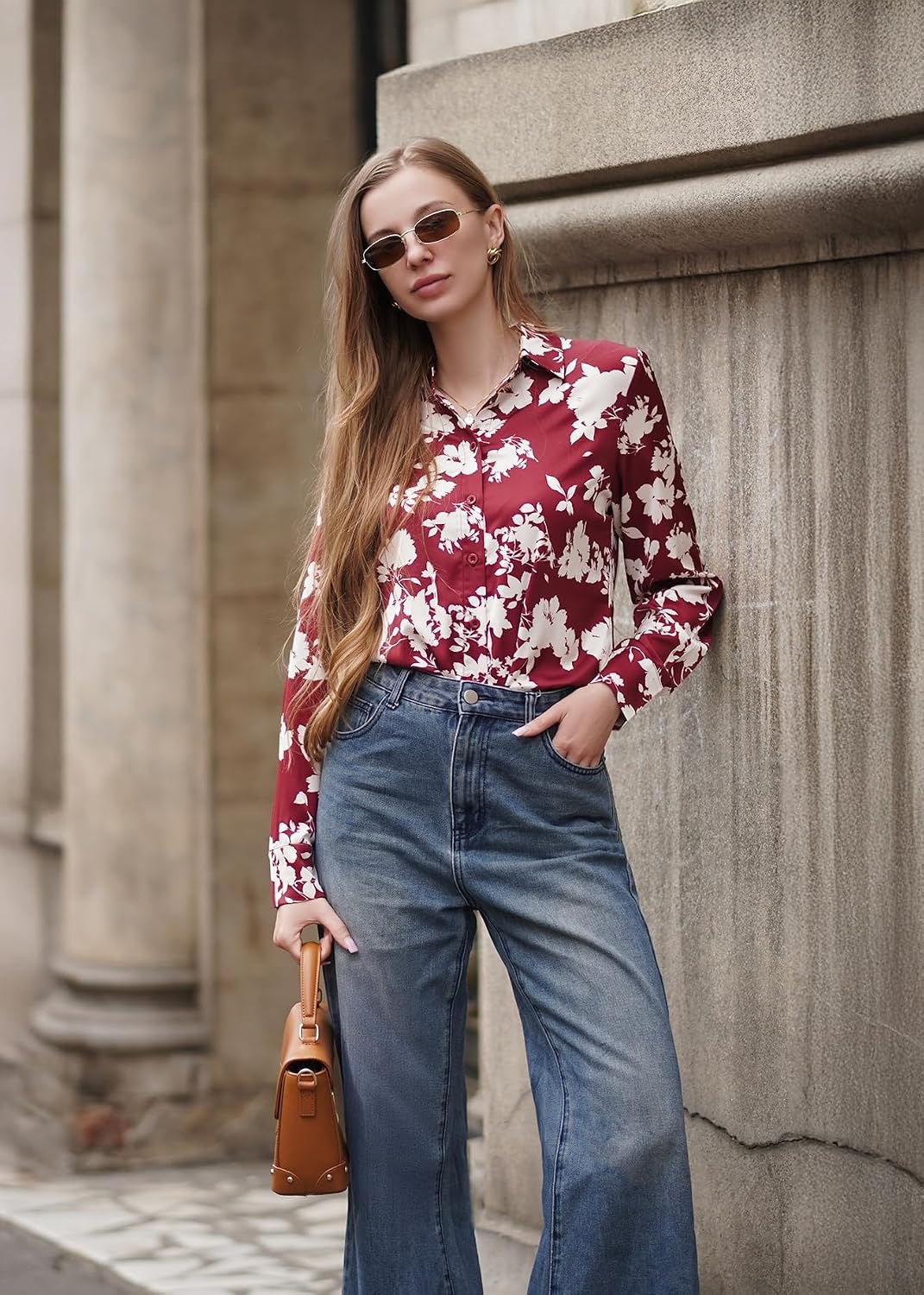 image:imageGRACE KARIN Womens Long Sleeve Silk Button Down Shirts 2026 Satin Floral Blouses Dressy CasualFall Business Work TopsRed Floral