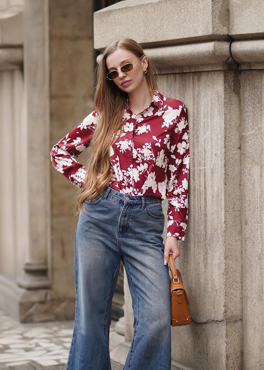 image:imageGRACE KARIN Womens Long Sleeve Silk Button Down Shirts 2026 Satin Floral Blouses Dressy CasualFall Business Work TopsRed Floral