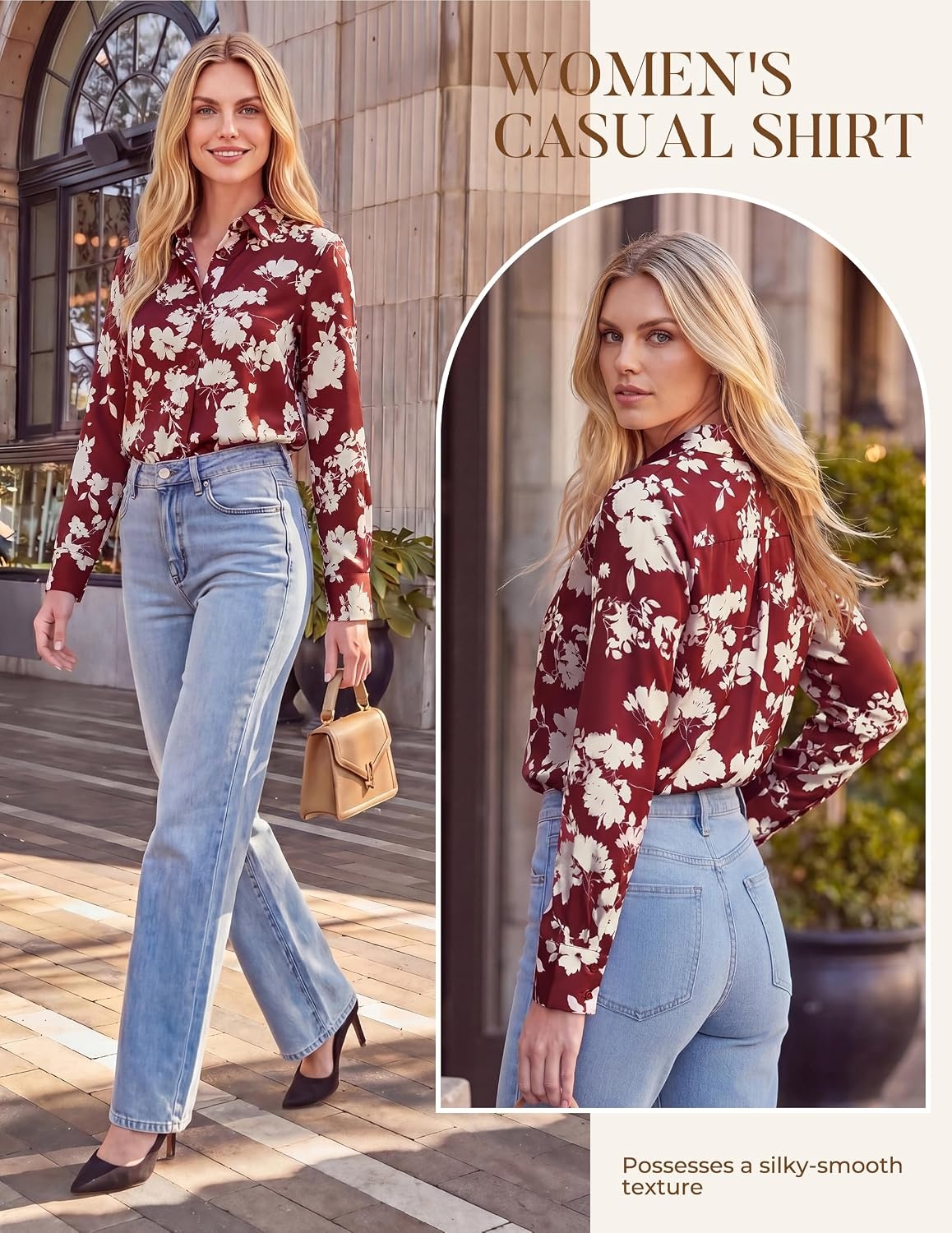 image:imageGRACE KARIN Womens Long Sleeve Silk Button Down Shirts 2026 Satin Floral Blouses Dressy CasualFall Business Work TopsRed Floral