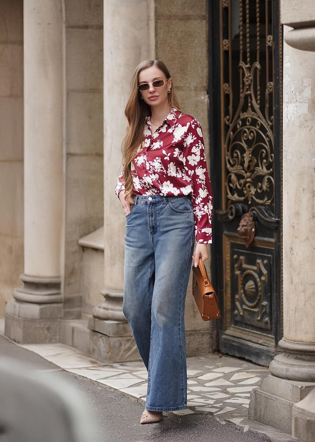 image:imageGRACE KARIN Womens Long Sleeve Silk Button Down Shirts 2026 Satin Floral Blouses Dressy CasualFall Business Work TopsRed Floral
