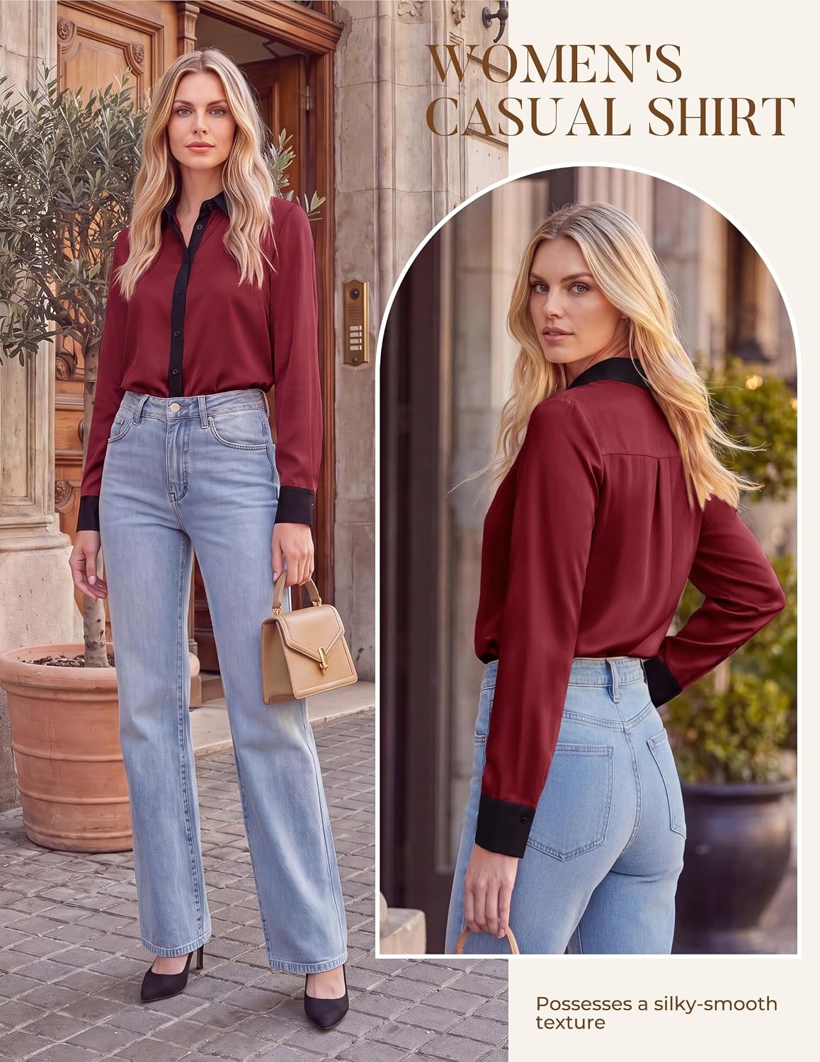 image:imageGRACE KARIN Womens Long Sleeve Silk Button Down Shirts 2026 Satin Floral Blouses Dressy CasualFall Business Work TopsWine