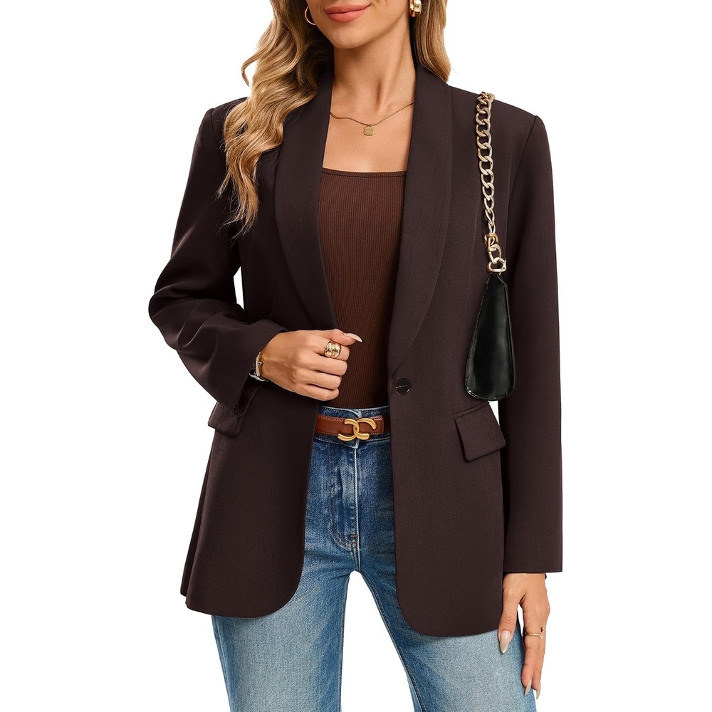 image:imageGRACE KARIN Women 2026 Business Casual BlazerFall Work Office Suit Jackets  Long Sleeve Open Front Button Lapel Outfits with Pockets Classic Shawl Collar Dressy Interview Professional CoatBrown