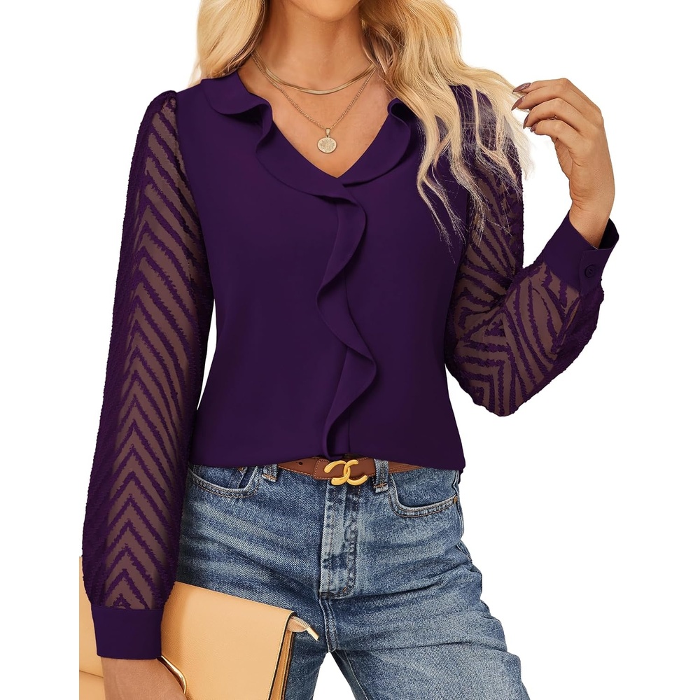 image:imageGRACE KARIN Womens Business Casual Tops Sheer Lace Long Sleeve Blouses Work Office Outfits Formal Dressy Shirt Ruffle V NeckPurple