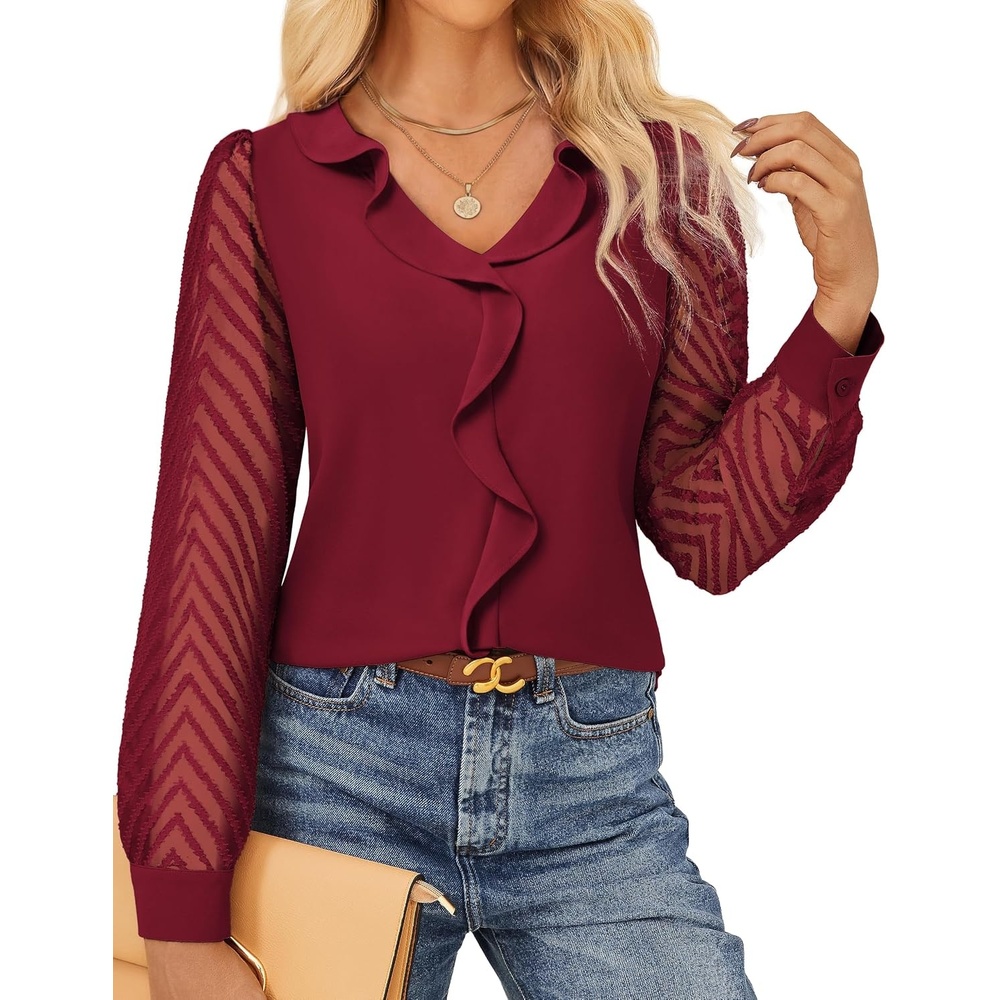 image:imageGRACE KARIN Womens Business Casual Tops Sheer Lace Long Sleeve Blouses Work Office Outfits Formal Dressy Shirt Ruffle V NeckWine Red