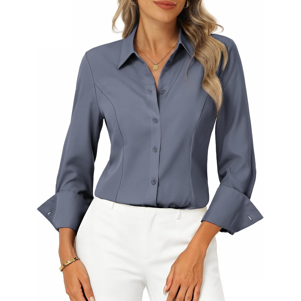 image:imageGRACE KARIN Womens Button Down Dress Shirts Long Sleeve Collared Tops  2026 Fall Fashion Clothing Business Casual Outfits Office Work TopsGray
