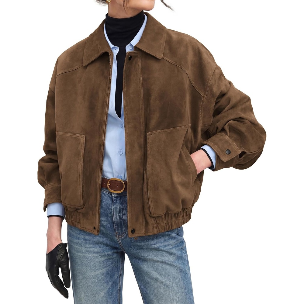 image:imageGRACE KARIN Womens Faux Suede Jacket Fall Long Sleeve Coat 2026 Fashion Casual Oversized Outwear Lightweight Lapel Motorcycle Style Clothes with ZipperBrown