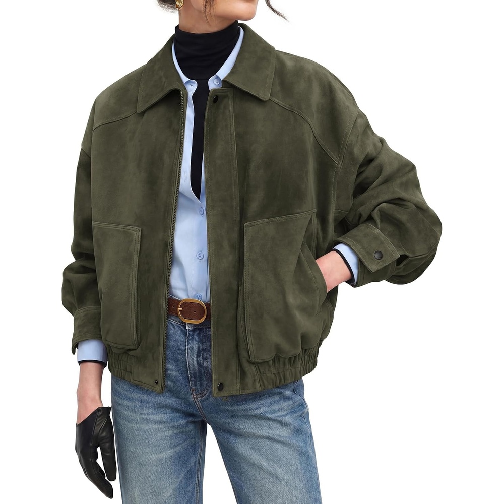 image:imageGRACE KARIN Womens Faux Suede Jacket Fall Long Sleeve Coat  2026 Fashion Casual Oversized Outwear Lightweight Lapel Motorcycle Style Clothes with ZipperArmy Green