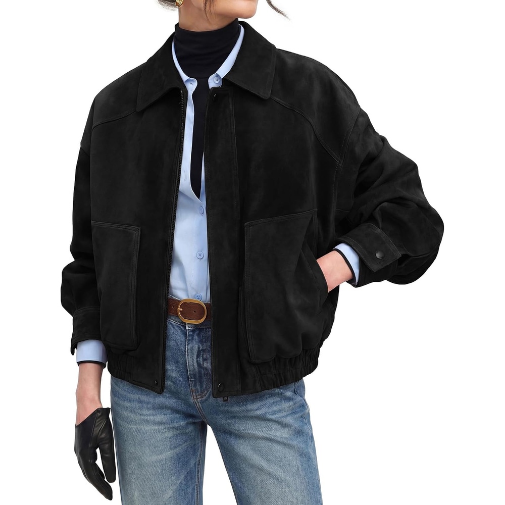 image:imageGRACE KARIN Womens Faux Suede Jacket Fall Long Sleeve Coat 2026 Fashion Casual Oversized Outwear Lightweight Lapel Motorcycle Style Clothes with ZipperBlack
