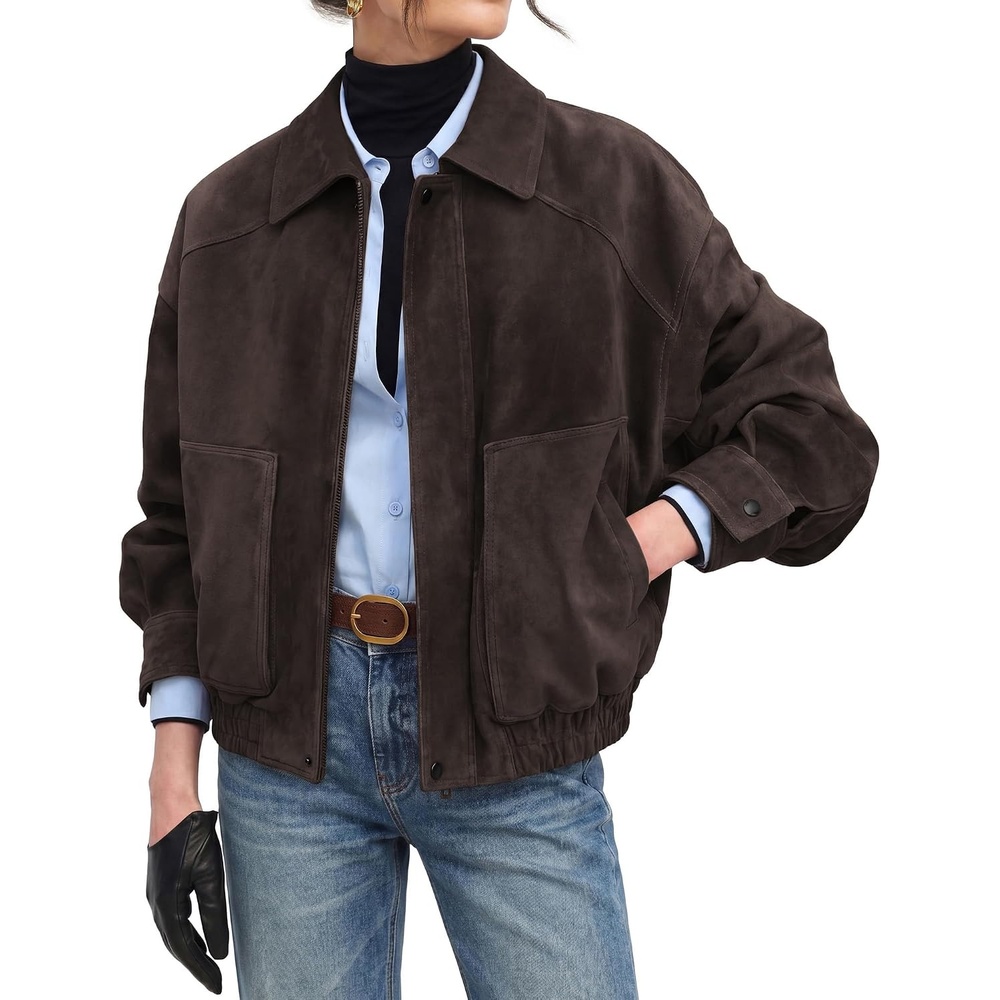 image:imageGRACE KARIN Womens Faux Suede Jacket Fall Long Sleeve Coat 2026 Fashion Casual Oversized Outwear Lightweight Lapel Motorcycle Style Clothes with ZipperCoffee