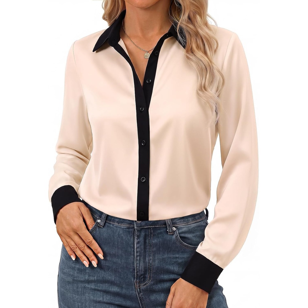 image:imageGRACE KARIN Womens Long Sleeve Silk Button Down Shirts 2026 Satin Floral Blouses Dressy CasualFall Business Work TopsApricot