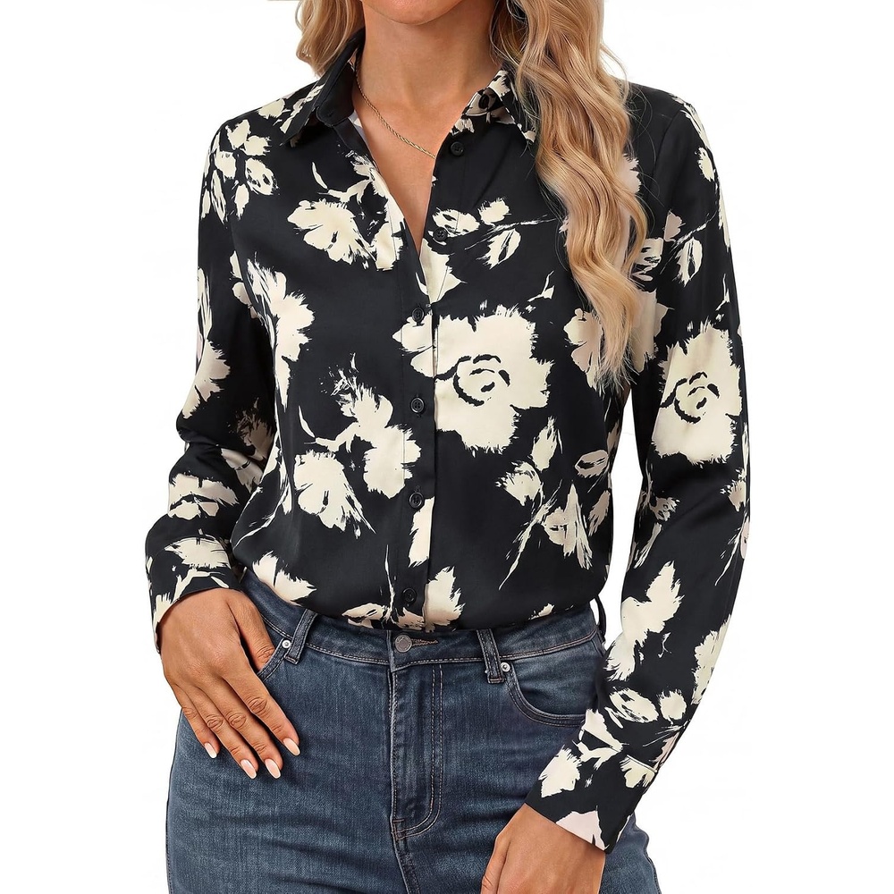 image:imageGRACE KARIN Womens Long Sleeve Silk Button Down Shirts 2026 Satin Floral Blouses Dressy CasualFall Business Work TopsApricot Floral