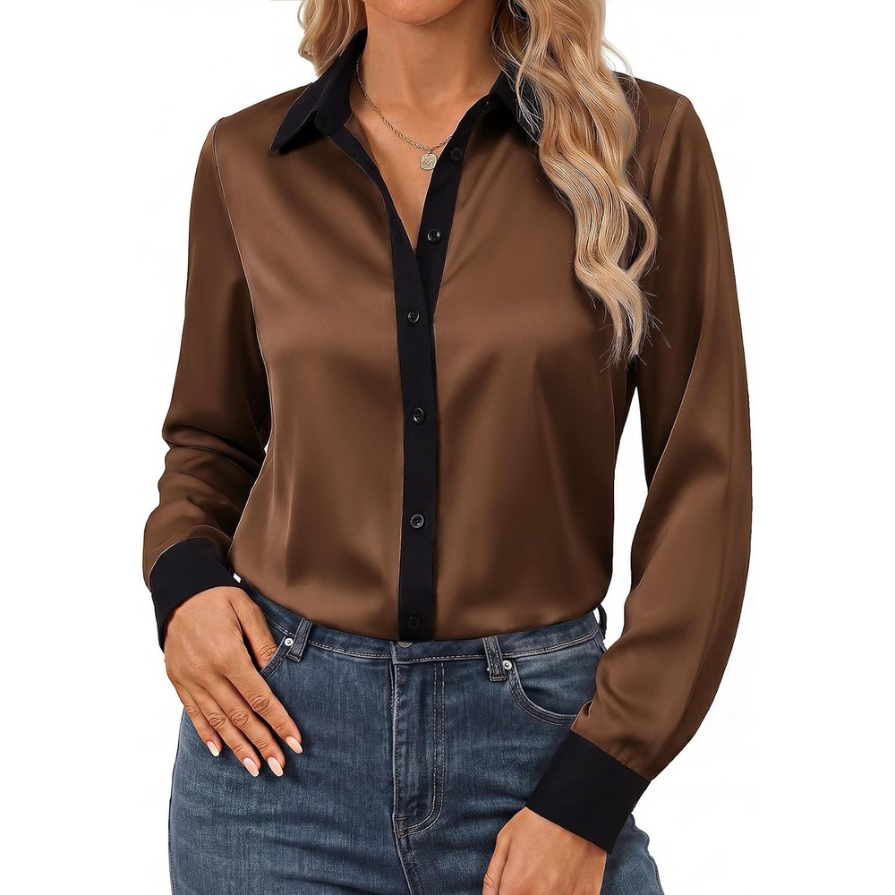 image:imageGRACE KARIN Womens Long Sleeve Silk Button Down Shirts 2026  Satin Floral Blouses Dressy CasualFall Business Work TopsDark Brown