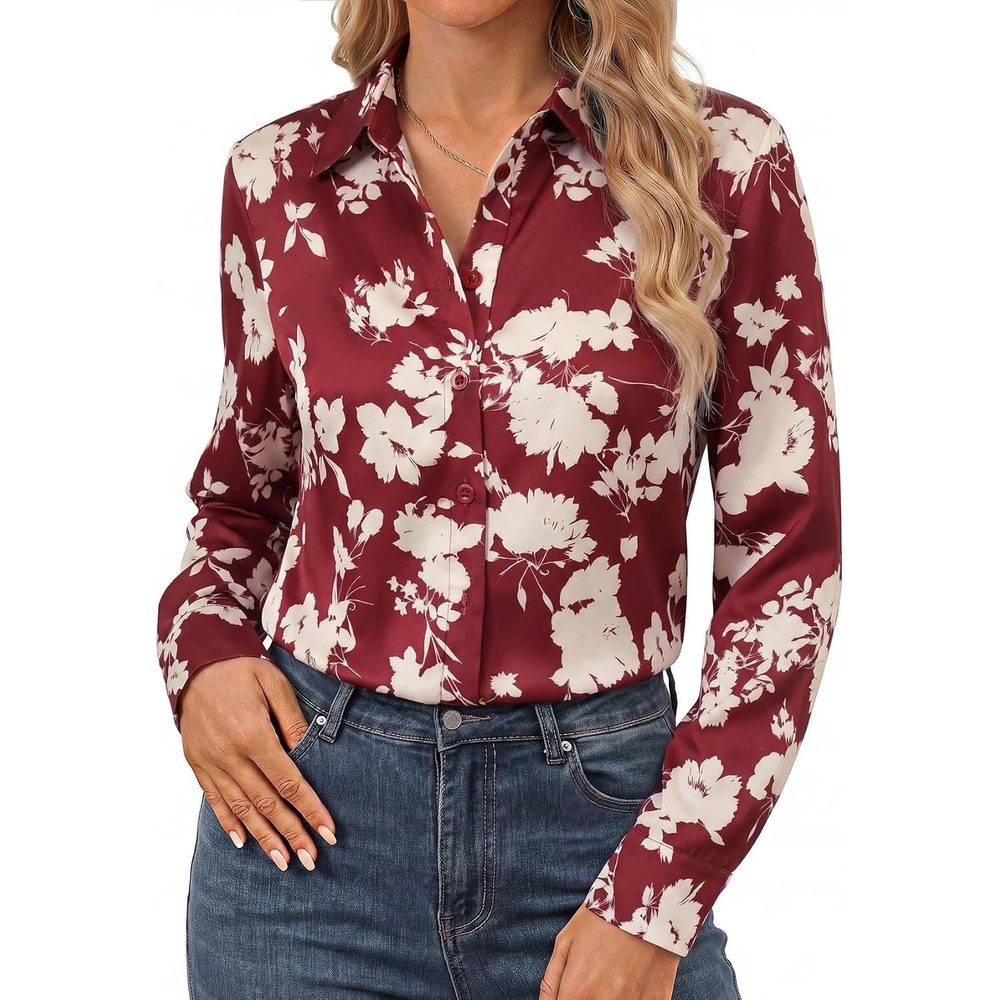 image:imageGRACE KARIN Womens Long Sleeve Silk Button Down Shirts 2026  Satin Floral Blouses Dressy CasualFall Business Work TopsRed Floral