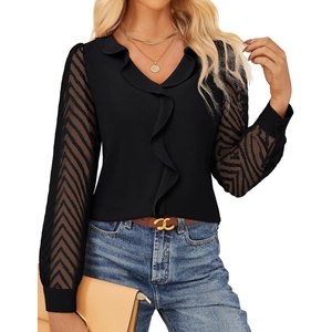 GRACE KARIN Womens Business Casual Tops Sheer Lace Long Sleeve Blouses Work Office Outfits Formal Dressy Shirt Ruffle V Neck(Black)