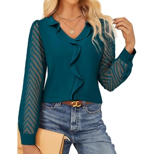 GRACE KARIN Womens Business Casual Tops Sheer Lace Long Sleeve Blouses Work Office Outfits Formal Dressy Shirt Ruffle V Neck(Turquoise)