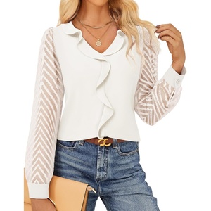 GRACE KARIN Womens Business Casual Tops Sheer Lace Long Sleeve Blouses Work Office Outfits Formal Dressy Shirt Ruffle V Neck(White)